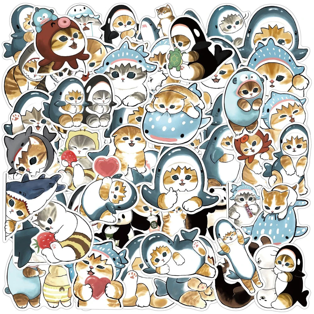 10/30/50PCS Cute Shark and Cat Stickers - Fun Cartoon Decals for Suitcases, Scrapbooks, Laptops, Phones, and Stationery