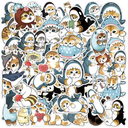 10/30/50PCS Cute Shark and Cat Stickers - Fun Cartoon Decals for Suitcases, Scrapbooks, Laptops, Phones, and Stationery