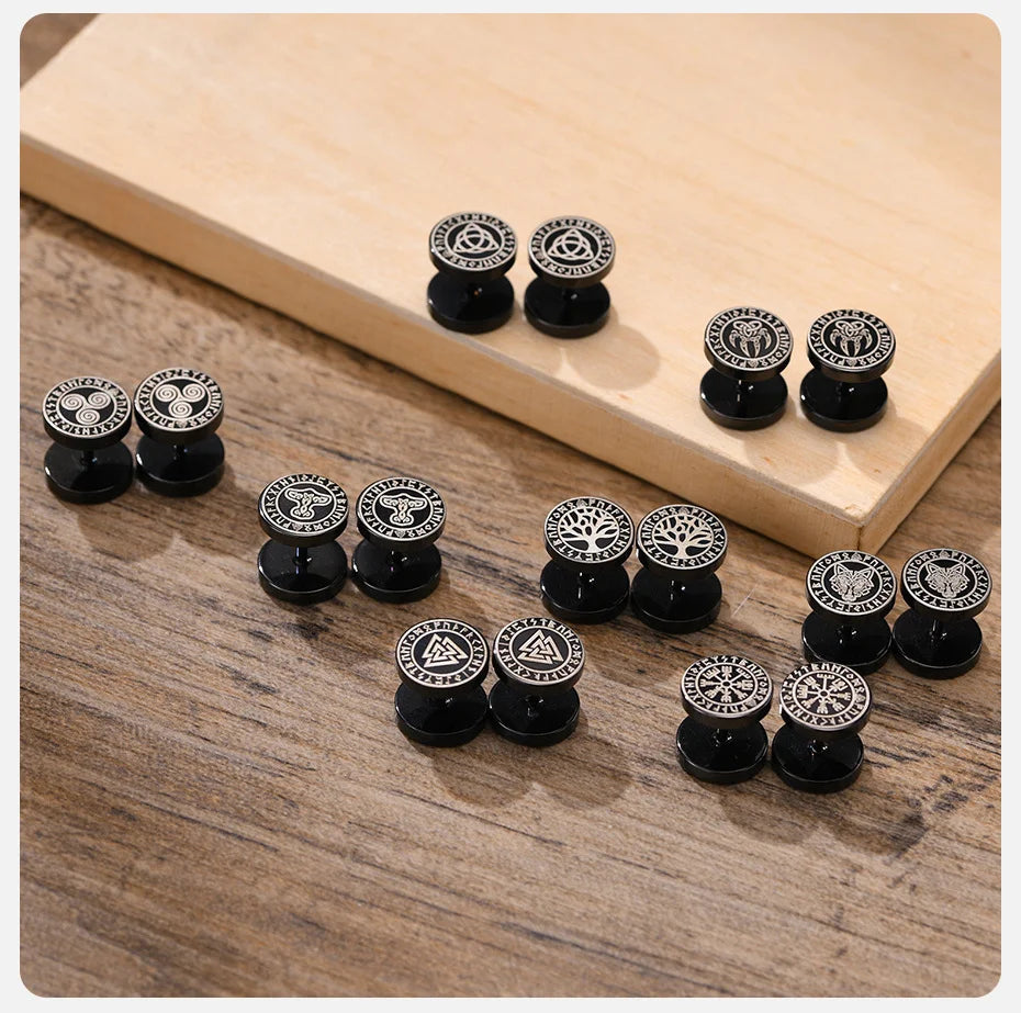 Vnox Men's Viking Black Stud Earrings - Vegvisir & Norse Valknut, Cool Punk Stainless Steel Set