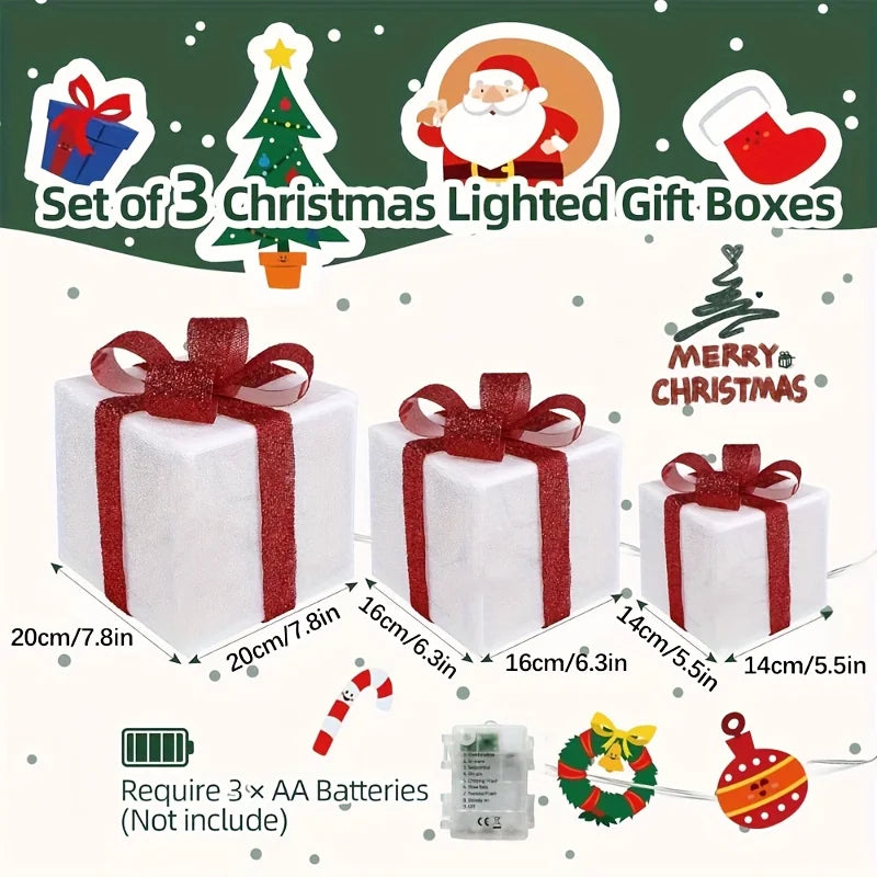 3-Piece LED Christmas Gift Box Set - Holiday Lighting Display for Christmas & Thanksgiving (3 AA Batteries Required)