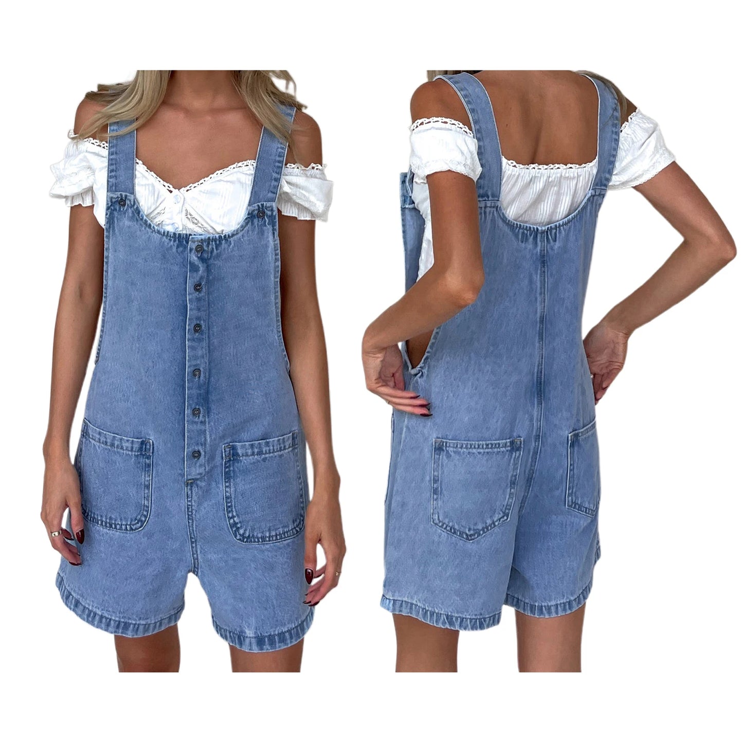 Women's Denim Bib Overall Shorts - Button Front Wide Leg Jean Jumpsuit with Pockets