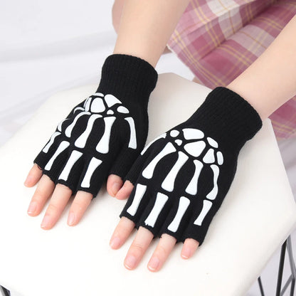 Skeleton Skull Fingerless Gloves - Luminous Punk Halloween Gloves for Adults and Kids, Black Winter Mittens