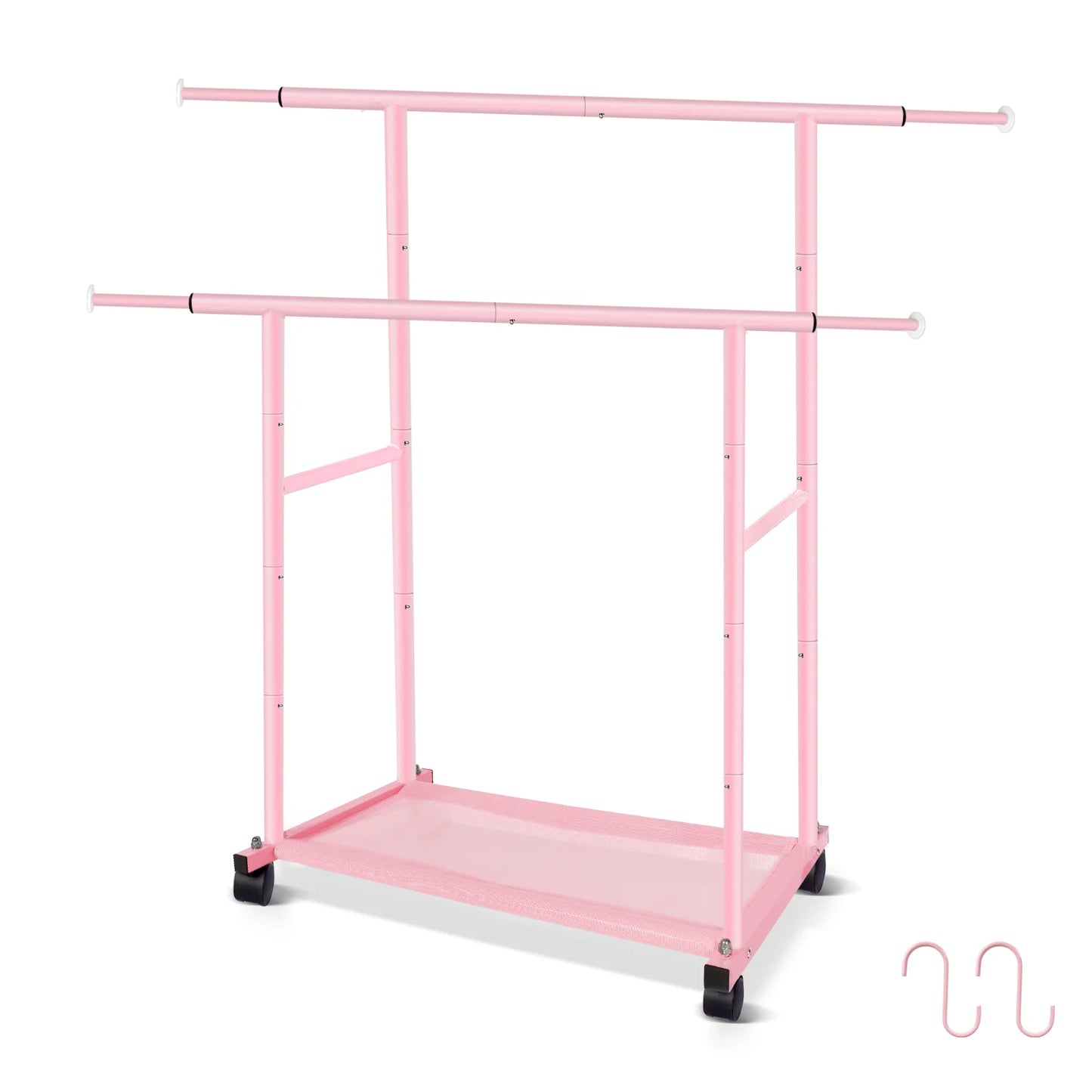 Pink Twin-Pole Rolling Clothes Rack with Net Shelf – Cute Metal Garment Rack, Strong Load-Bearing Storage