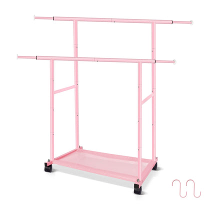 Pink Twin-Pole Rolling Clothes Rack with Net Shelf – Cute Metal Garment Rack, Strong Load-Bearing Storage