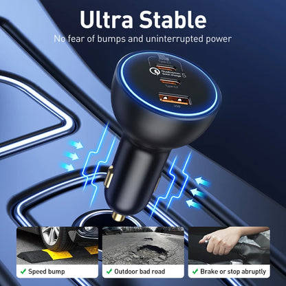 Baseus 160W Car Charger – QC 5.0 Fast Charging PPS PD 3.0 USB-C Multi-Port Car Charger for iPhone 15/14/13 Pro, Laptops & Tablets Quick Charge Adapter
