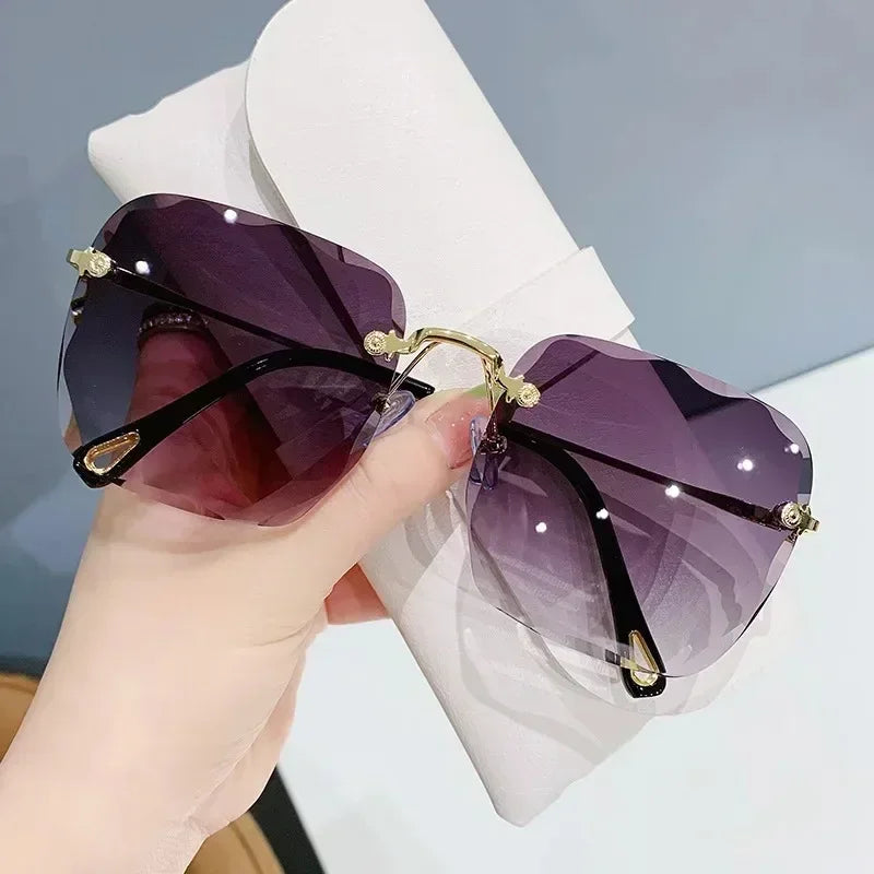 Fashion Rimless Square Sunglasses for Women - Designer Gradient Frameless Sun Glasses, Stylish Mirror Shades