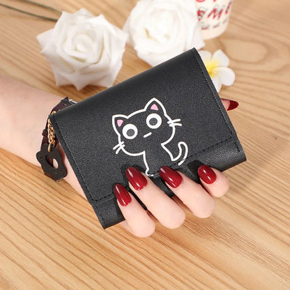 Women’s Cute Cat PU Leather Wallet — Small Short Card Holder Purse with Hasp, Fashion Money Bag for Girls & Gifts