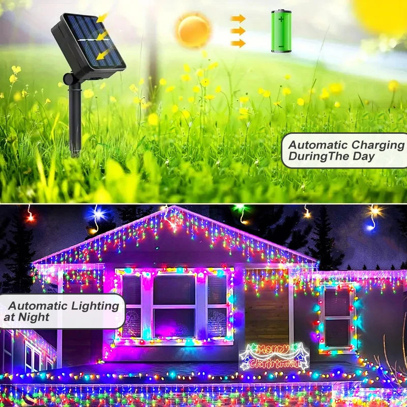 162/96 LED Solar Icicle Christmas Lights – Outdoor Waterproof Fairy Lights with 8 Modes for Home, Party & Holiday Decoration