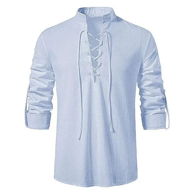 Men’s Cotton Linen Long Sleeve Shirt - Vintage Casual Drawstring Neck Shirt for Spring & Autumn