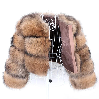 2025 Maomaokong Women’s Real Fur Coat – Natural Raccoon & Fox Fur Jacket with Hood, Warm Winter Outerwear