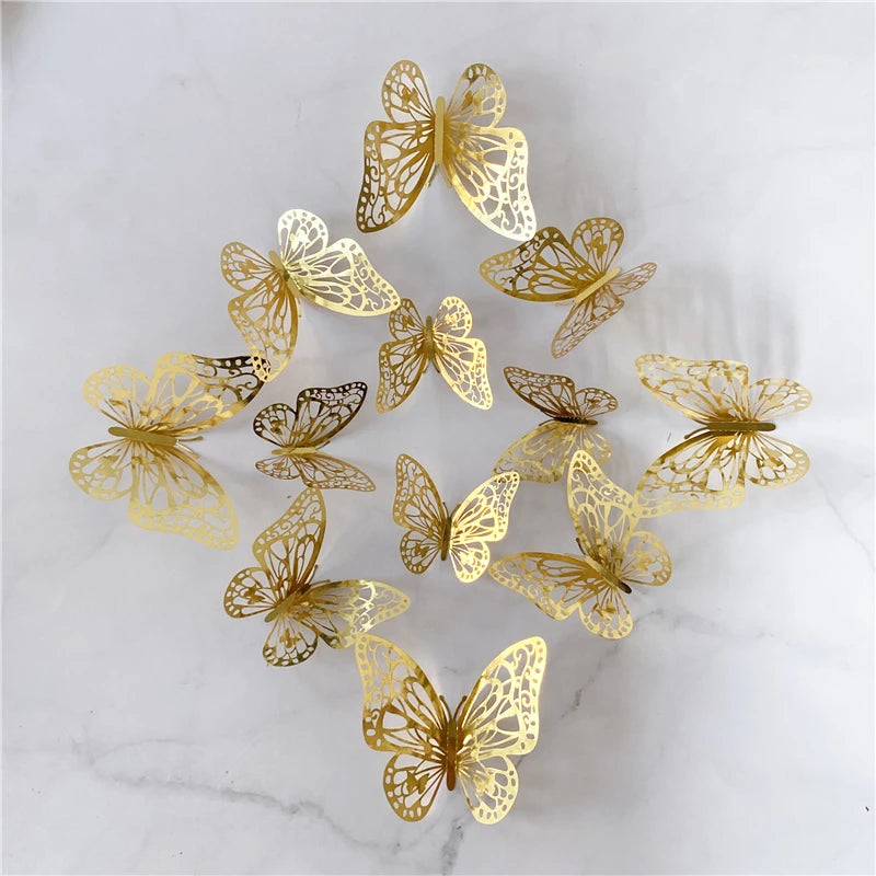 12PCS 3D Hollow Butterfly Wall Stickers – Gold, Silver & Rose Decorative Decals for Wedding, Living Room & Home Decor
