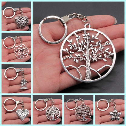 New Fashion Men 30mm Metal Alloy Keychain with Vintage Heart, Flower, Rose, Sunflower & Tree Pendant DIY Keyring Holder Chain Accessory