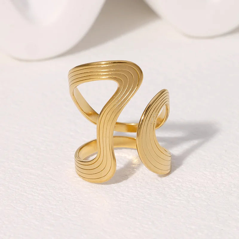 Stainless Steel Irregular Wave Adjustable Ring – Creative Gold Statement Jewelry for Women & Men