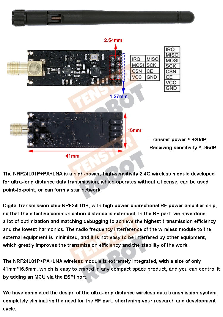 NRF24L01+PA+LNA 2.4GHz Wireless Module — Long-Distance 1100m Transmission with Antenna