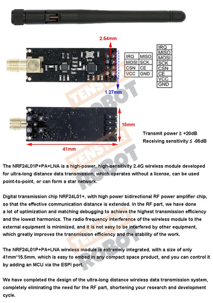 NRF24L01+PA+LNA 2.4GHz Wireless Module — Long-Distance 1100m Transmission with Antenna