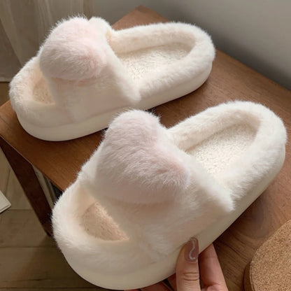 3D Love Single Band Women’s Winter Slippers – Soft Heel Platform, Warm & Fluffy Indoor Home Shoes