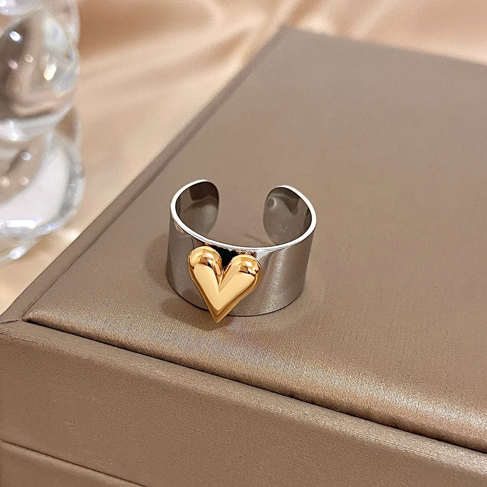 Greatera Stainless Steel Heart Cuff Ring – Wide Thick Statement Jewelry for Women & Men, European American Style