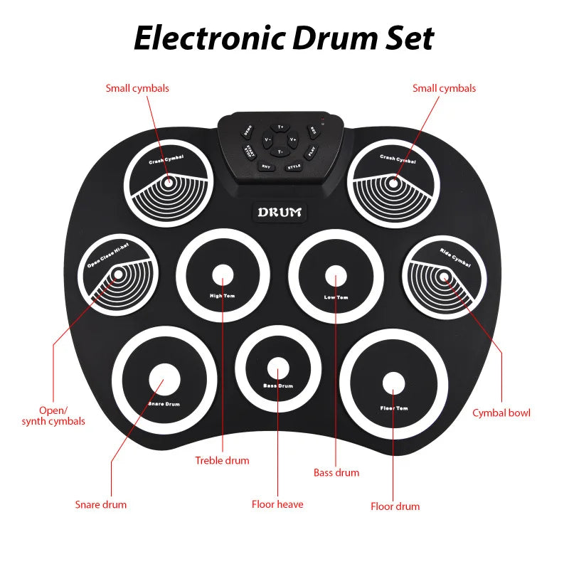 Portable 9-Pad Electronic Drum Set with MIDI – Roll-Up Digital Drum Kit with Pedals & Drumsticks