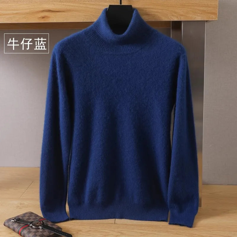 Men's Pure Mink Velvet Cashmere Sweater - High Lapel Long Sleeve Knitted Winter Luxury Pullover Top