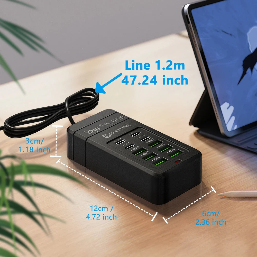 Multi-Port USB Fast Charger - EU UK US Plug 10-Port Power Adapter with 6 USB-A & 4 USB-C Ports Cable