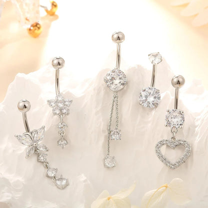 5PCS Belly Button Ring Set – 14G Curved Navel Piercing with Butterfly & Heart Charms, Body Jewelry for Women & Girls