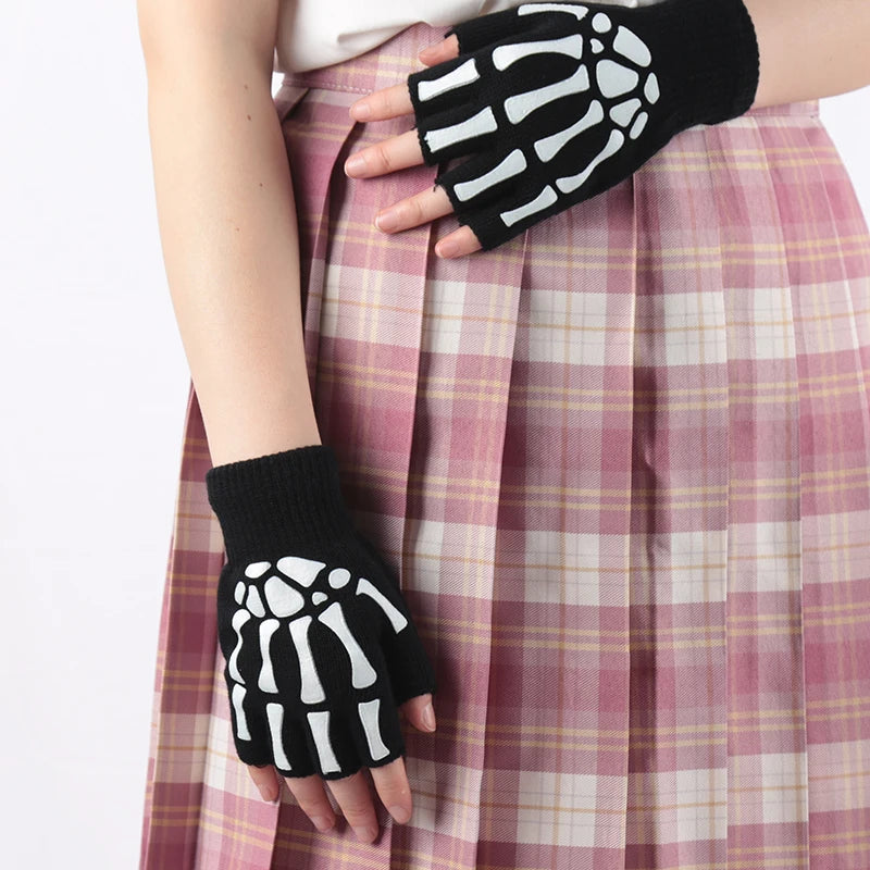 Skeleton Skull Fingerless Gloves - Luminous Punk Halloween Gloves for Adults and Kids, Black Winter Mittens