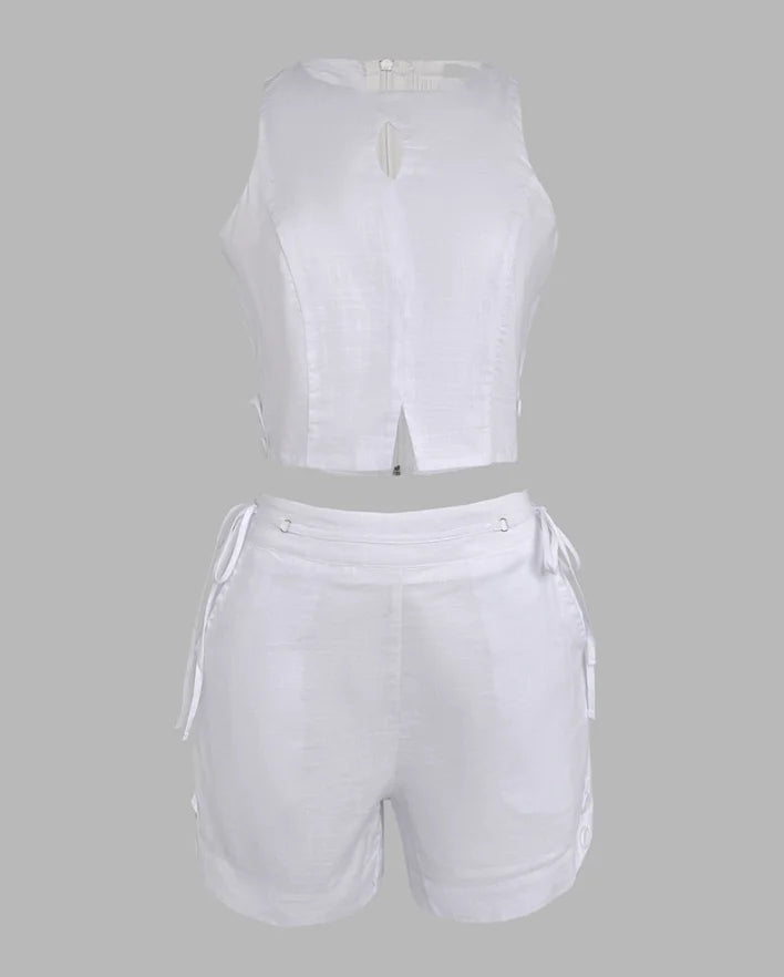 Women’s 2-Piece Summer Set 2025 – Halter Crop Tank & Lace-Up Drawstring Shorts, Sleeveless Casual Outfit