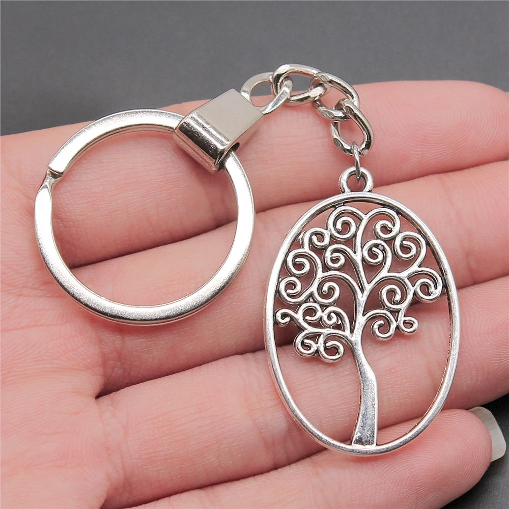New Fashion Men 30mm Metal Alloy Keychain with Vintage Heart, Flower, Rose, Sunflower & Tree Pendant DIY Keyring Holder Chain Accessory