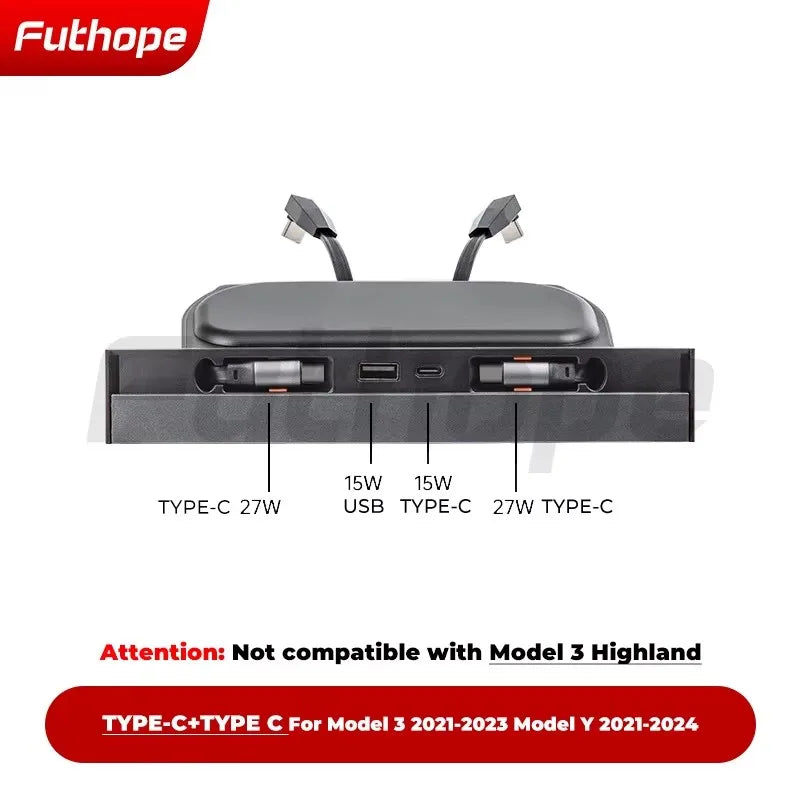 Futhope Docking Station with Telescopic Rope – Tesla Model 3/Y Highland Hub & Central Control Splitter for Laptop Support