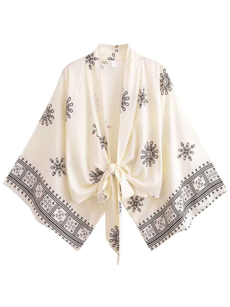 Vintage Boho Women Kimono Cover Up – Floral Print Batwing Sleeve Short Robe for Swimwear, Bikini Beachwear & Resort Outfit