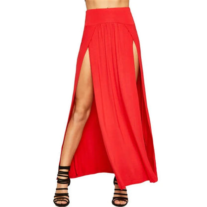 Women’s High Waisted Double Slit Maxi Skirt – Sexy Solid Color Long Summer Skirt Elegant Fashion Casual Wear Valentine’s Day Gift Style