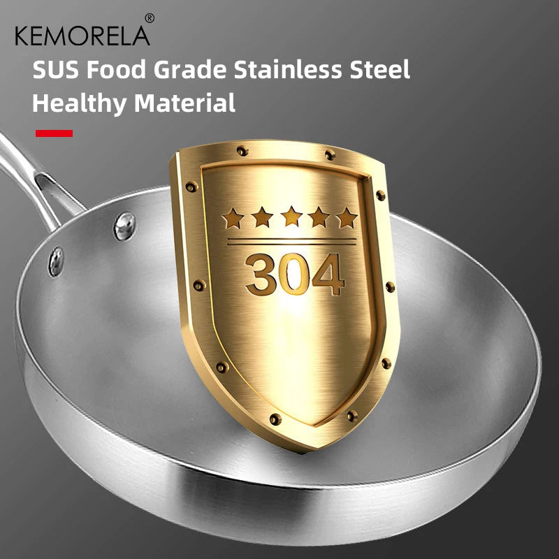 24CM Professional Grade Frying Pan - 304 Stainless Steel, 2MM Thick 5-Ply Steel Skillet & Cooking Pot