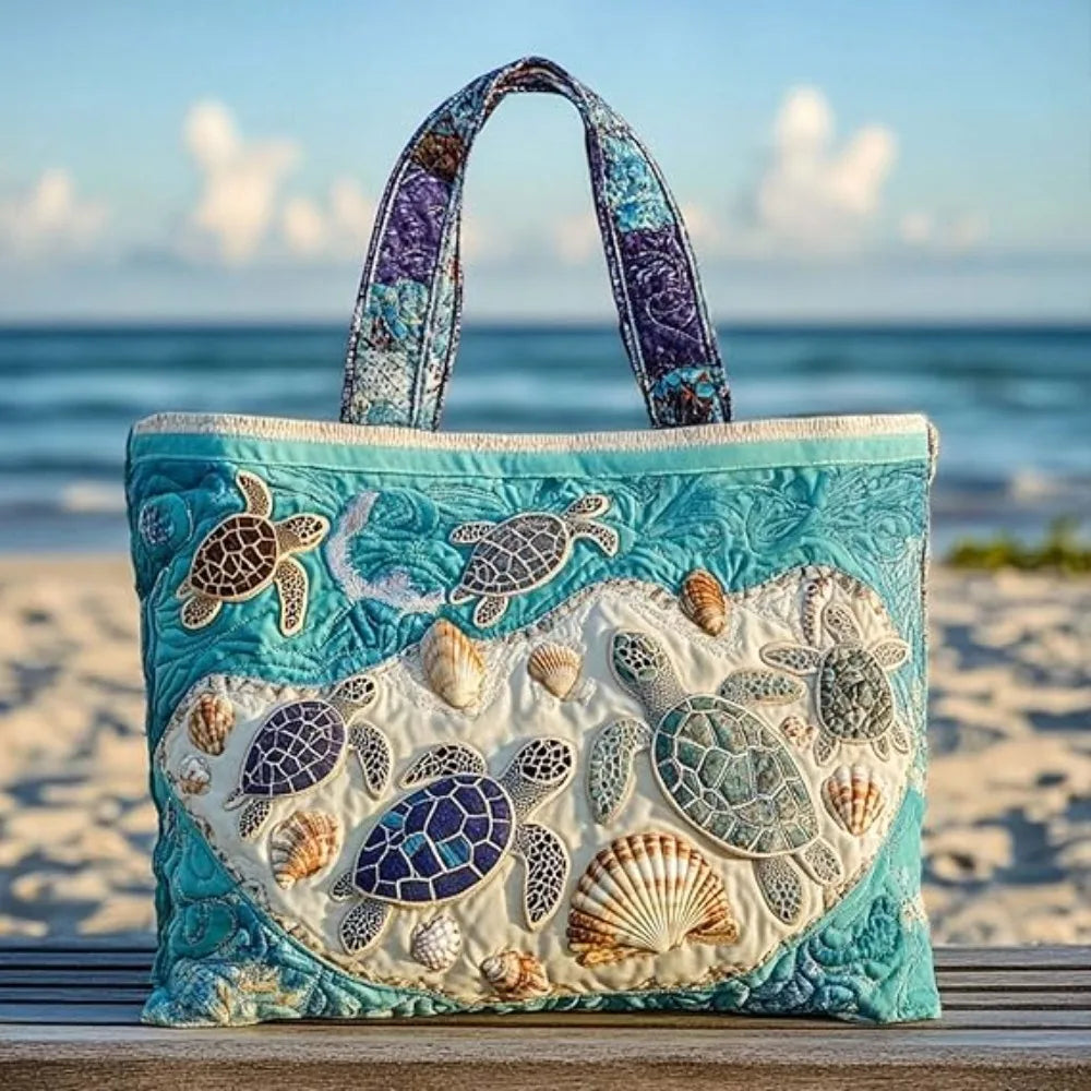 Turtle Print Quilted Tote Bag - Large Capacity Soft Canvas Shoulder Bag with 3D Ocean Turtle Design