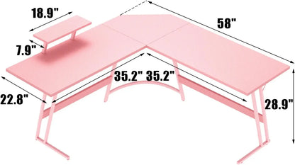 PC Gaming Desk with Large Monitor Riser – L-Shaped Corner Desk, Sturdy Writing Workstation for Office & Computer