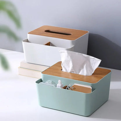 Wooden Tabletop Tissue Box & Storage Organizer – Desktop Holder for Tissue, Remote & Towels