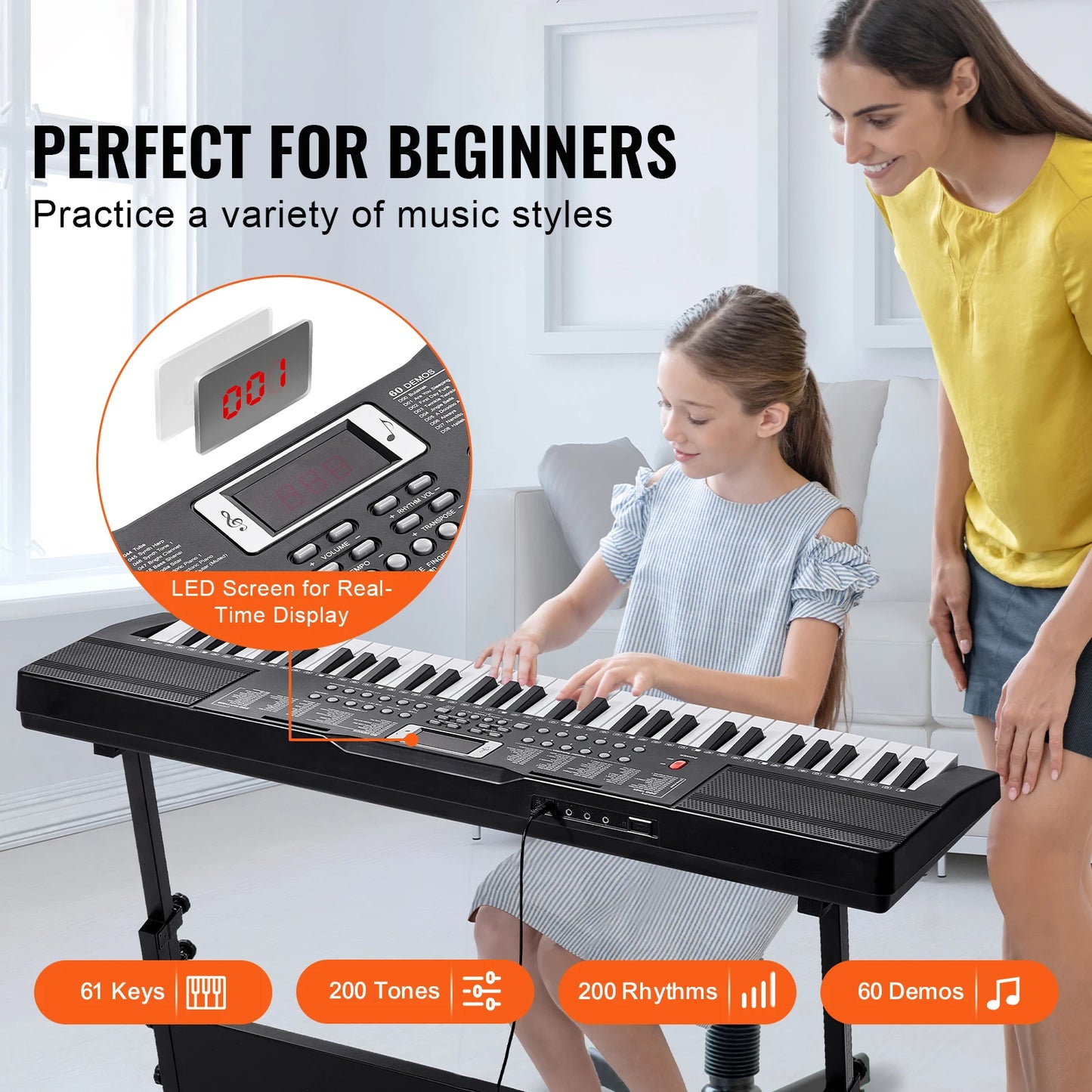 61 Key Digital Piano Keyboard - Portable Electric Piano with Multiple Tones & Rhythms for Beginners