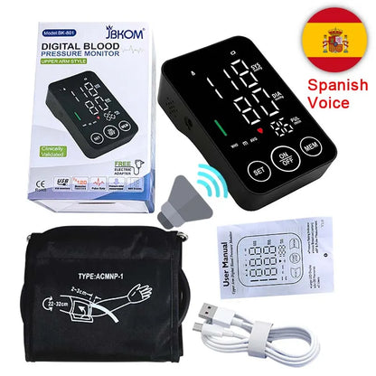 Spanish Voice Blood Pressure Monitor – Digital Arm Sphygmomanometer with LED Big Screen Tonometer