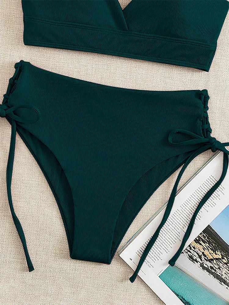 Cikini V-Neck Split Bikini Set – Sexy Lace-Up Triangular Solid Color Swimwear for Women