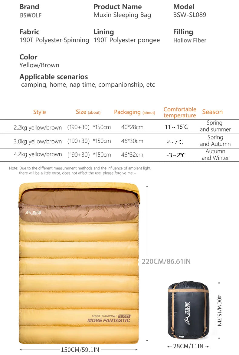 BSWOLF 2-Person Four Seasons Camping Sleeping Bag – Portable Winter Outdoor Travel & Hiking Bag