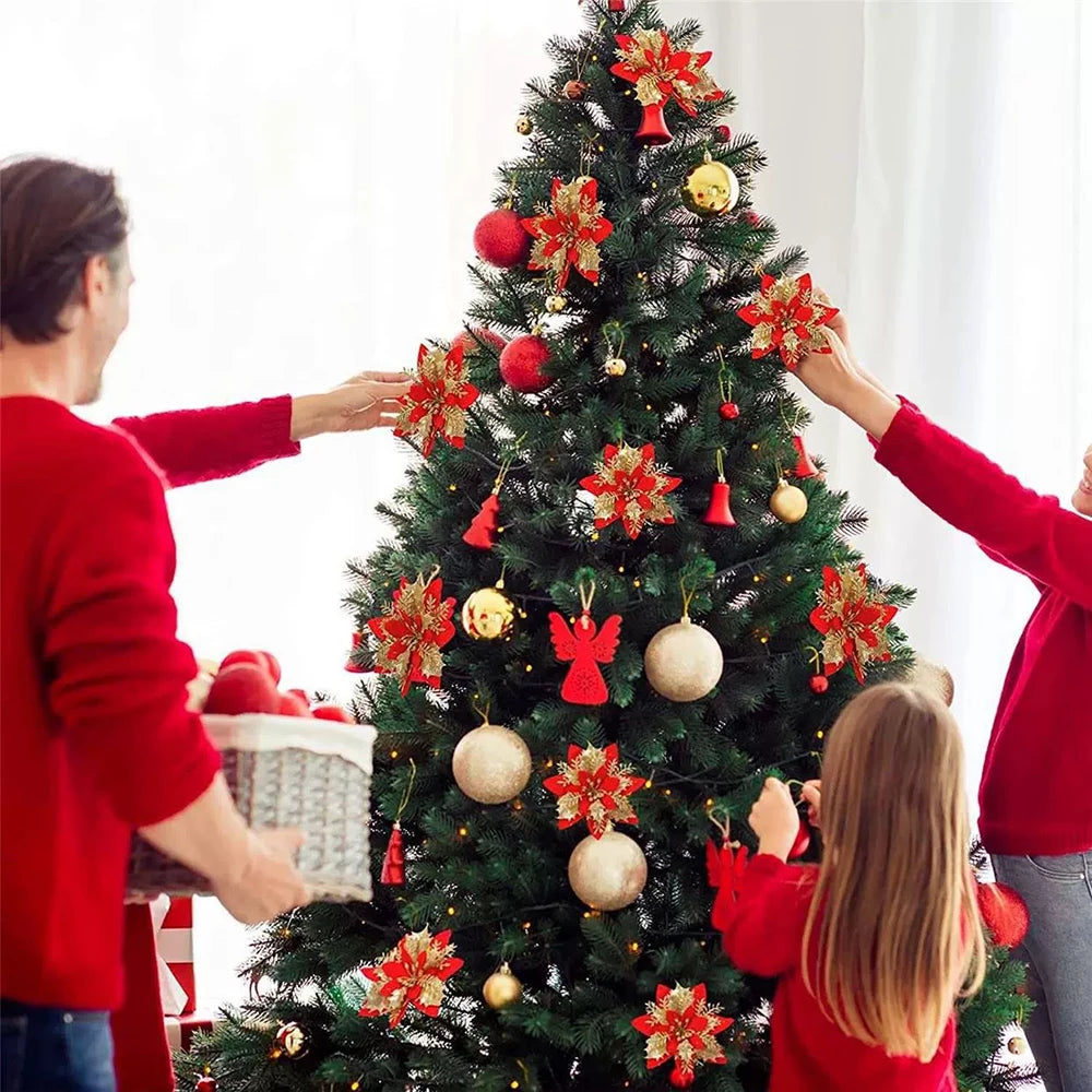 Glitter Artificial Christmas Flowers – 14.5cm Pink, Red & Gold Tree Ornaments for Holiday Home Decor
