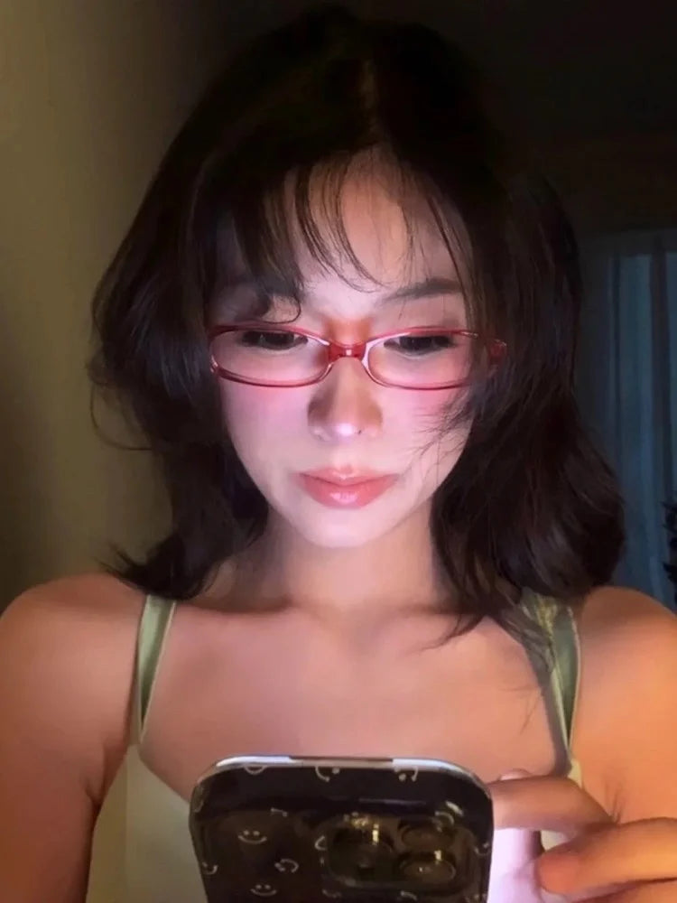 2024 Girls Y2K Retro Oval Glasses - Red & Green Frame, Anti-Blue Light Eyewear for Computer & Seaside Driving