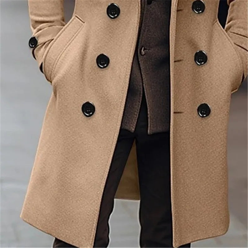 Men's Wool Blend Trench Coat - Double-Breasted Business Casual Winter Overcoat