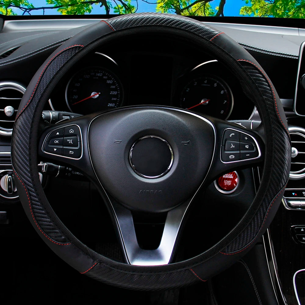 PU Carbon Fiber Leather Steering Wheel Cover — No Inner Ring, Fits 14.5-15 Inch Cars
