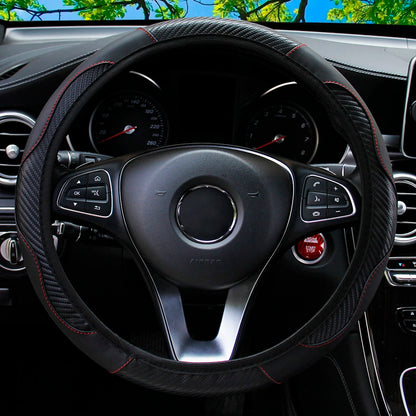 PU Carbon Fiber Leather Steering Wheel Cover — No Inner Ring, Fits 14.5-15 Inch Cars