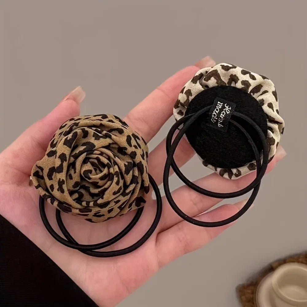 Leopard Rose Hair Ties - 1/2-Piece Elastic Floral Ponytail Accessories