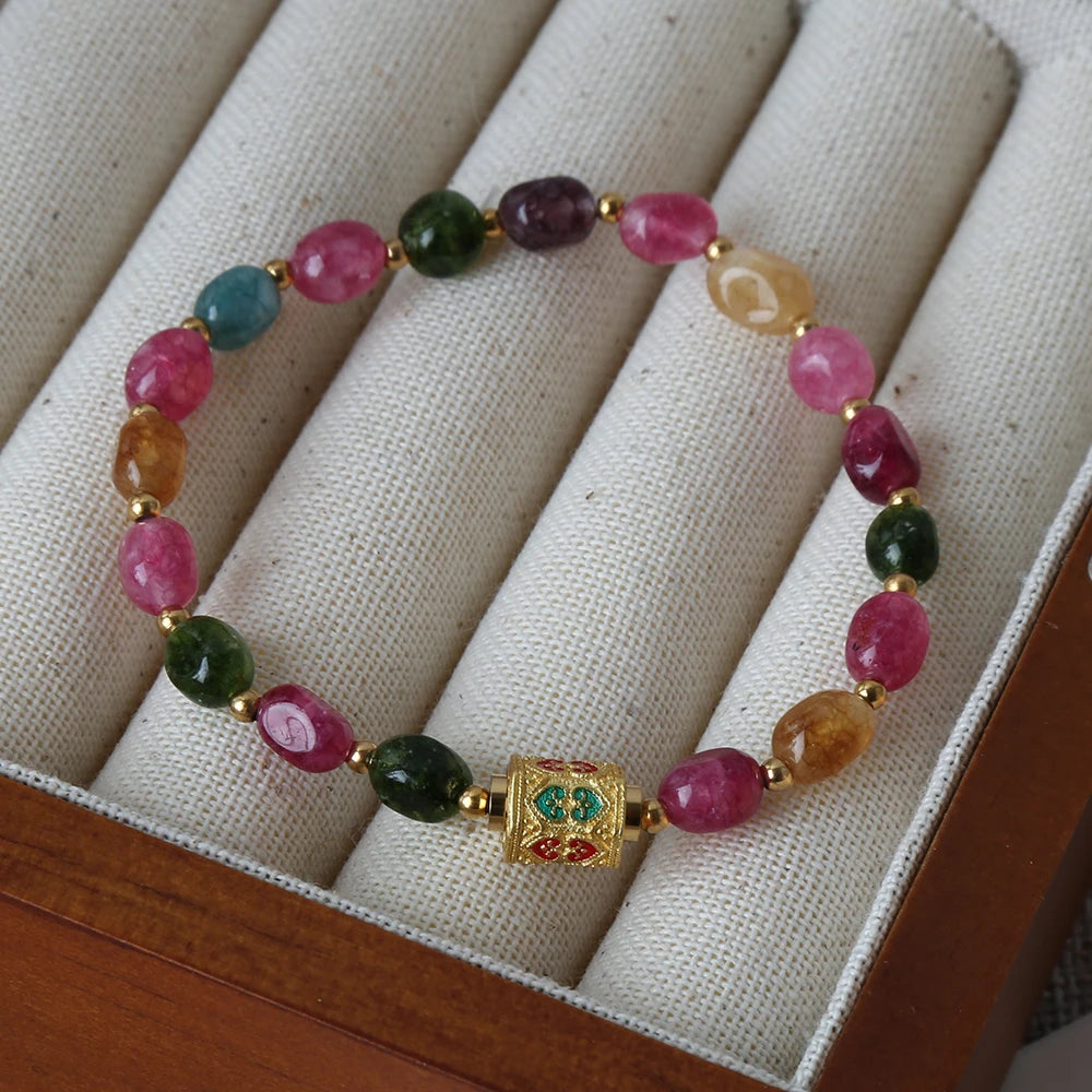 Bohemian Natural Tourmaline Beaded Necklace – Handmade with Stainless Steel Tibetan Pendant, Party Jewelry Gift