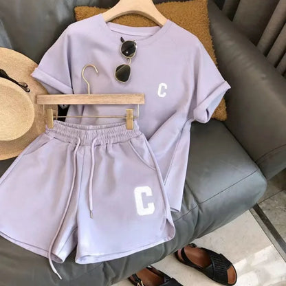 Women's 2-Piece Summer Pajamas Set – Loose Short Sleeve T-Shirt and Casual Shorts with Sports Letter Print, Large Size Homewear