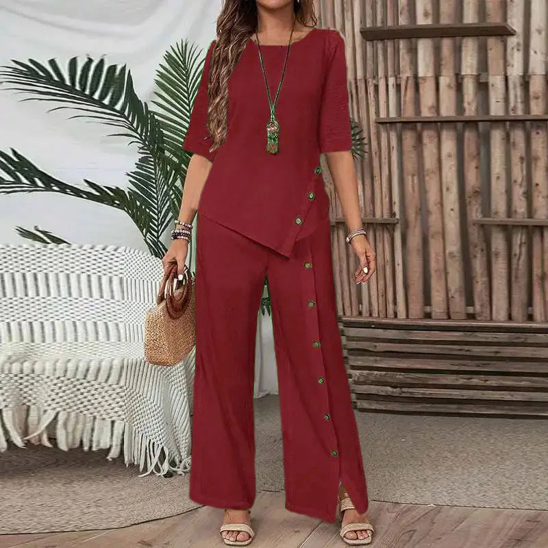 Women's Irregular Hem Two-Piece Set - Elegant Short-Sleeve Button Shirt & Loose Casual Trousers Outfit