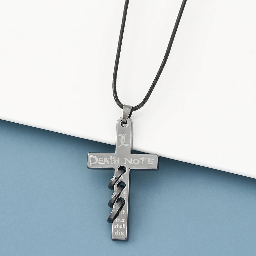 Death Note L Logo Pendant Necklace - Black Rope Leather Gothic Choker for Men and Women