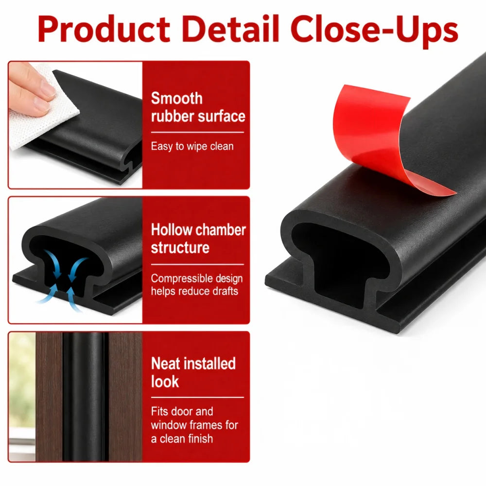 Self-Adhesive Door Seal Strip - 6M Rubber Soundproof Weather Stripping for Windows & Door Frames, Hollow Gap Filler Insulation